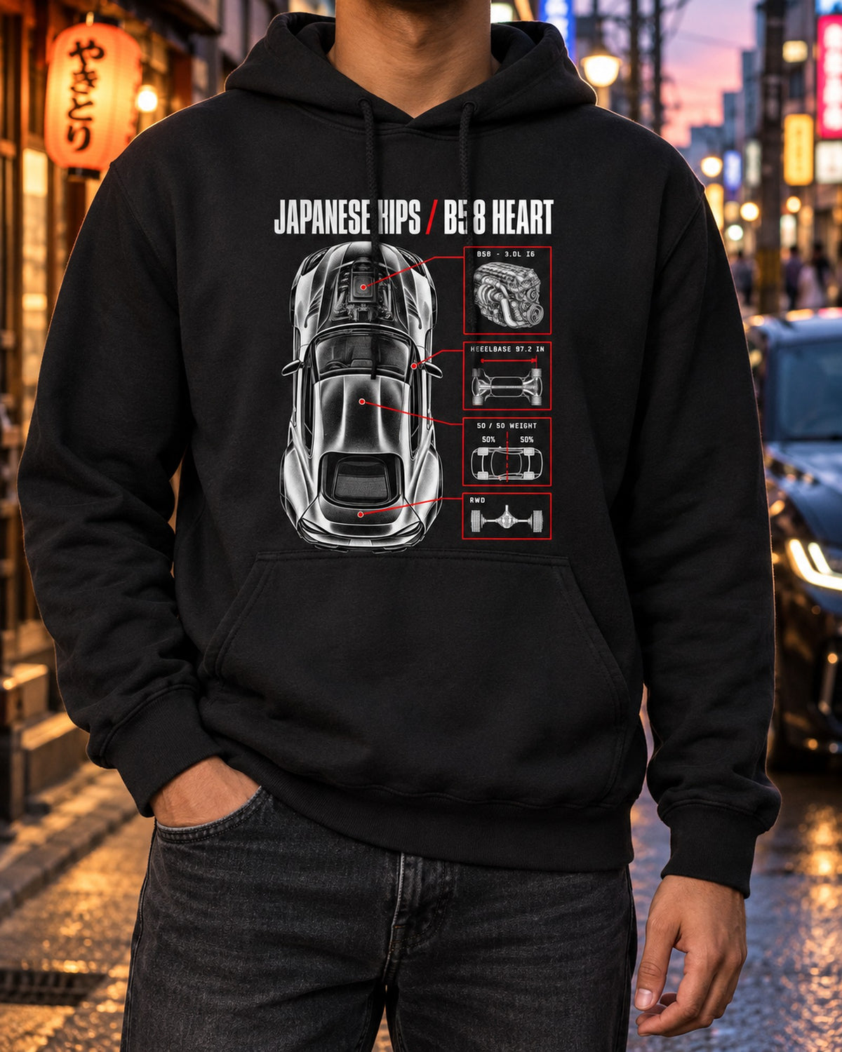 Toyota GR Supra A90 Spec Poster Shirt, B58 Heart Pull Over Hoodie Black worn hero