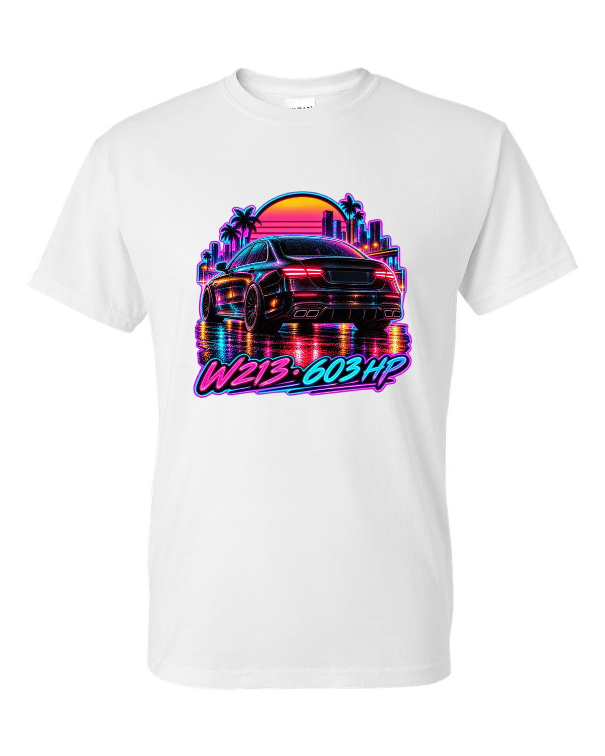 Synthwave wet road scene with a Mercedes E63 AMG W213 and 603 HP text white t-shirt front view with the design
