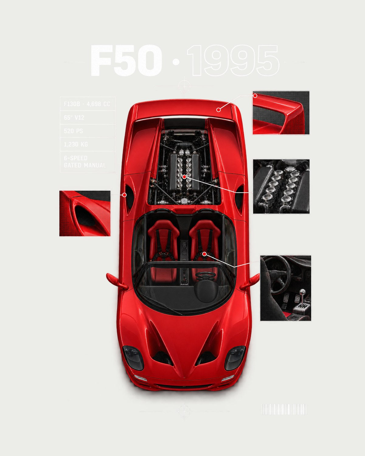 Ferrari F50 F130B Top-Down Spec Poster Tee, 65 Degree V12 design only