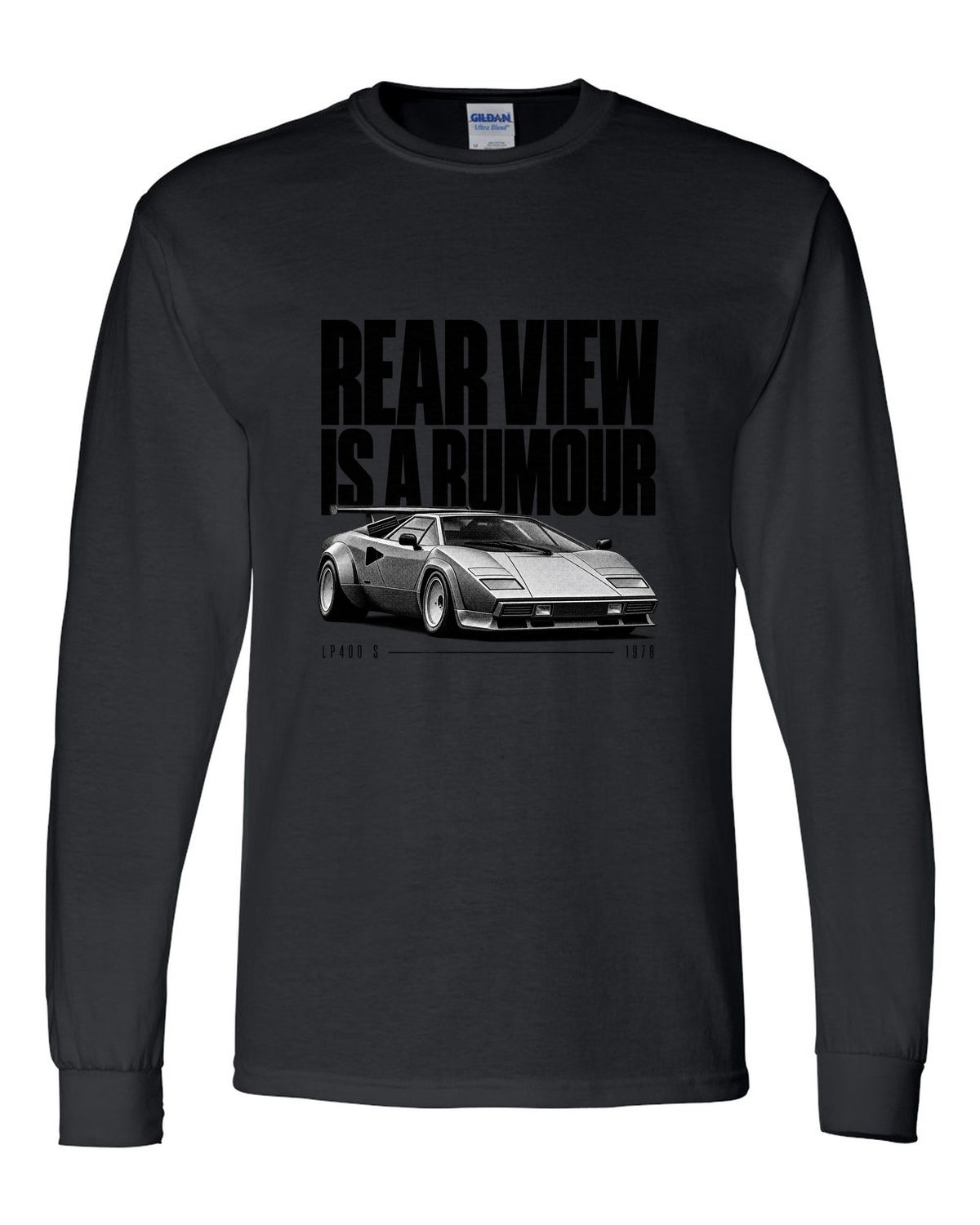 Halftone print of a Lamborghini Countach LP400 S with rear wing and rear view is a rumour text black long sleeve front view with the design