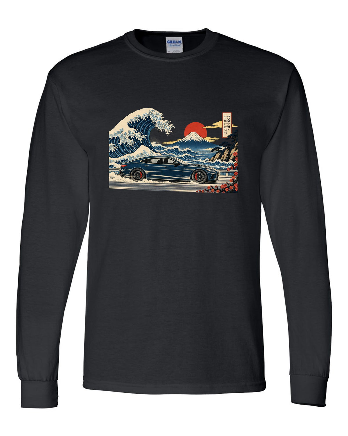 Ukiyo-e woodblock wave illustration of an Alfa Romeo Giulia Quadrifoglio with 505 HP and 443 lb-ft black long sleeve front view with the design