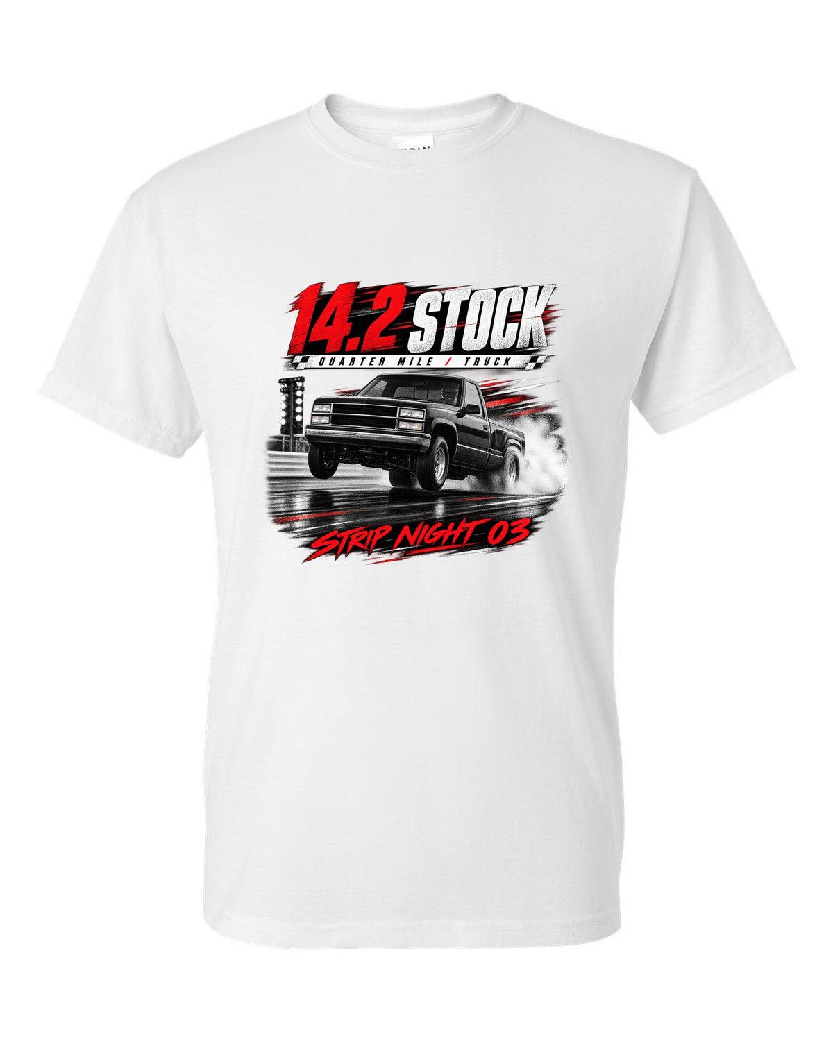 Race poster print of a 1993-95 Ford F-150 SVT Lightning with 14.2 quarter mile text white t-shirt front view with the design