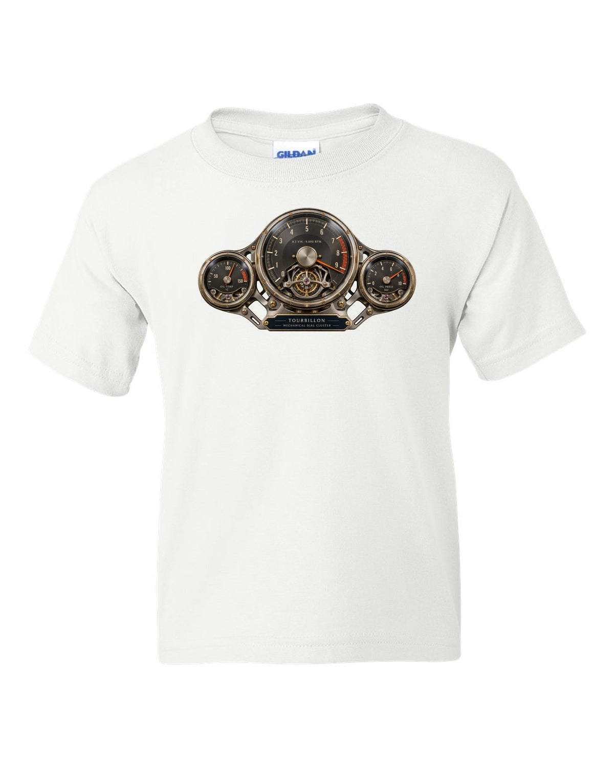 Cockpit and mechanical dial cluster of the Bugatti Tourbillon, print white kids tee front view with the design