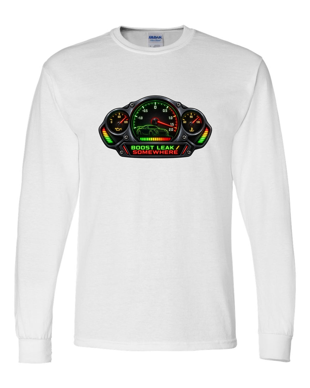 Sticker-bomb collage print of a Mazda RX-7 FD3S with text 5-Lug, 17 Inch, Bronze white long sleeve front view with the design