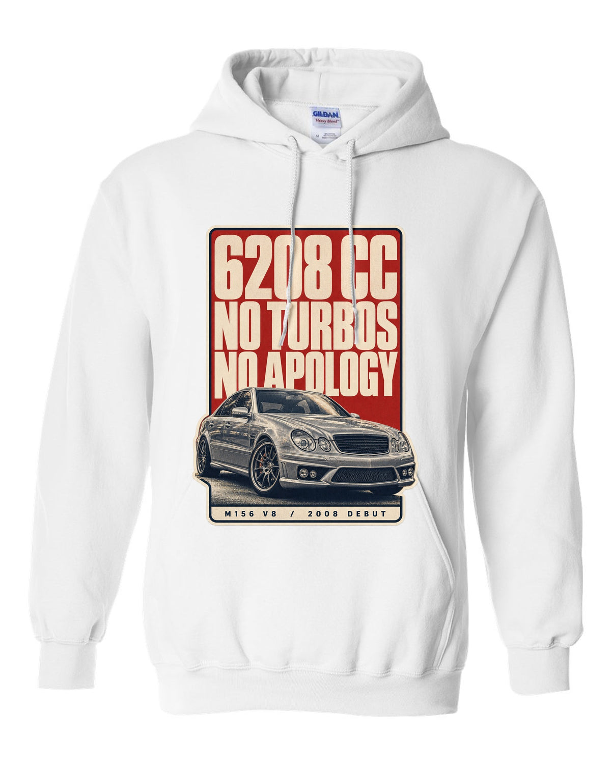 Mercedes-AMG C63 W204 sedan with editorial headline in silver-grey white pull over hoodie front view with the design