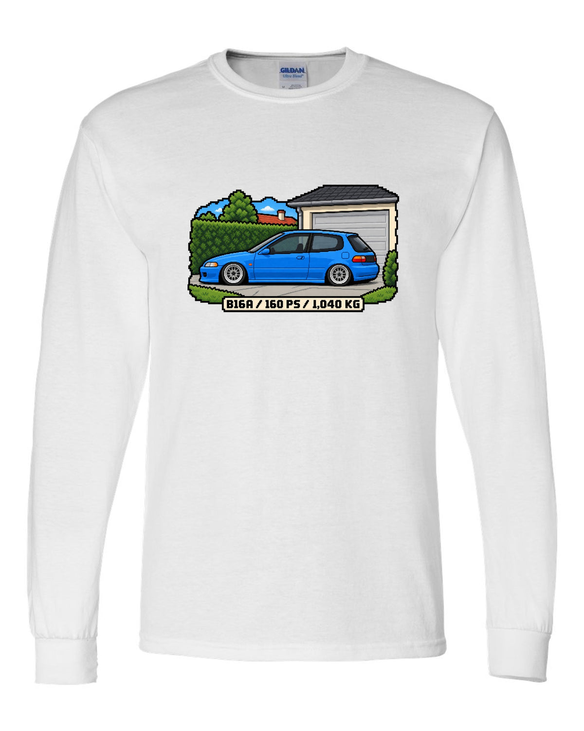 16-bit pixel art print of a 1992 Honda Civic EG6 ch with B16A and 160 PS text white long sleeve front view with the design