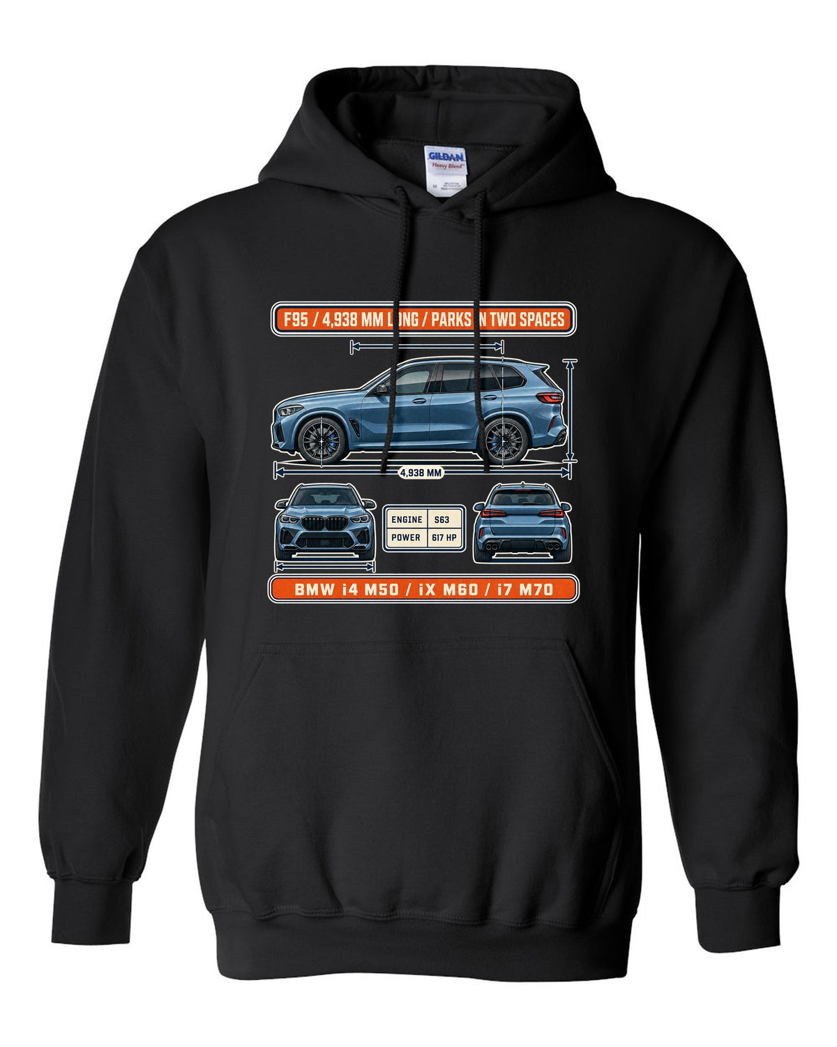 Dimension blueprint print of the BMW X5 M Competition F95 with 4,938 mm length black pull over hoodie front view with the design