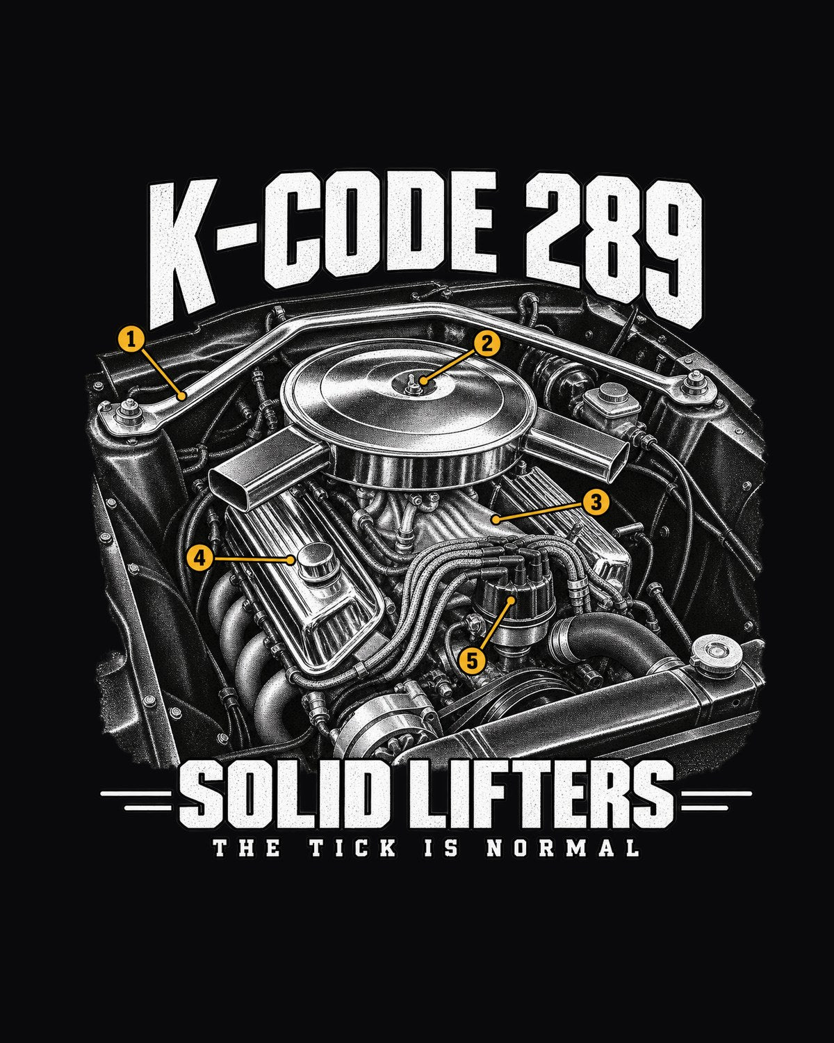 1965 Mustang K-Code 289 Engine Shirt, Solid Lifter Callouts design only
