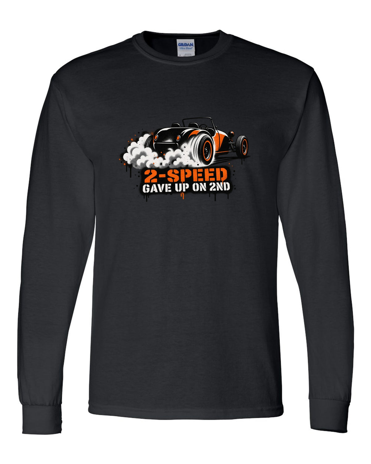 Spray stencil street art print of a Tesla Roadster Gen 1 reading 2-Speed Gave Up on 2nd black long sleeve front view with the design