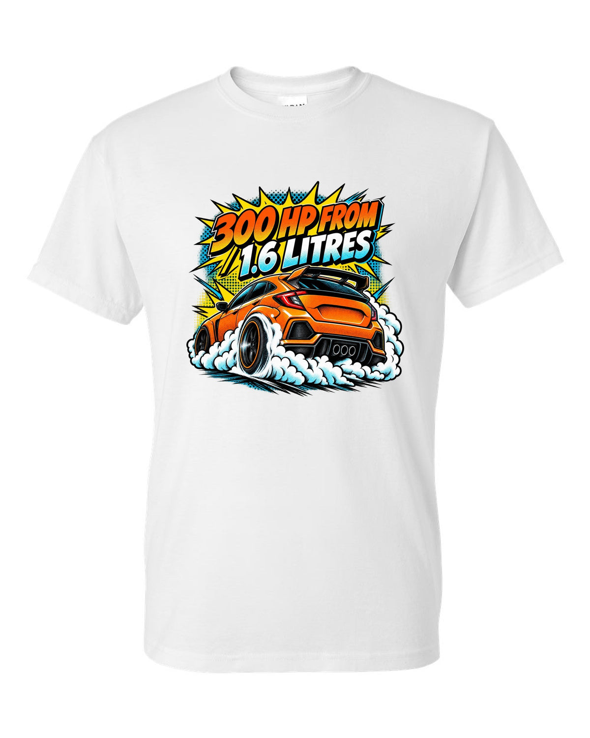Comic halftone pop-art of a Toyota GR Corolla doing a burnout with 300 HP from 1.6 litres lettering white t-shirt front view with the design