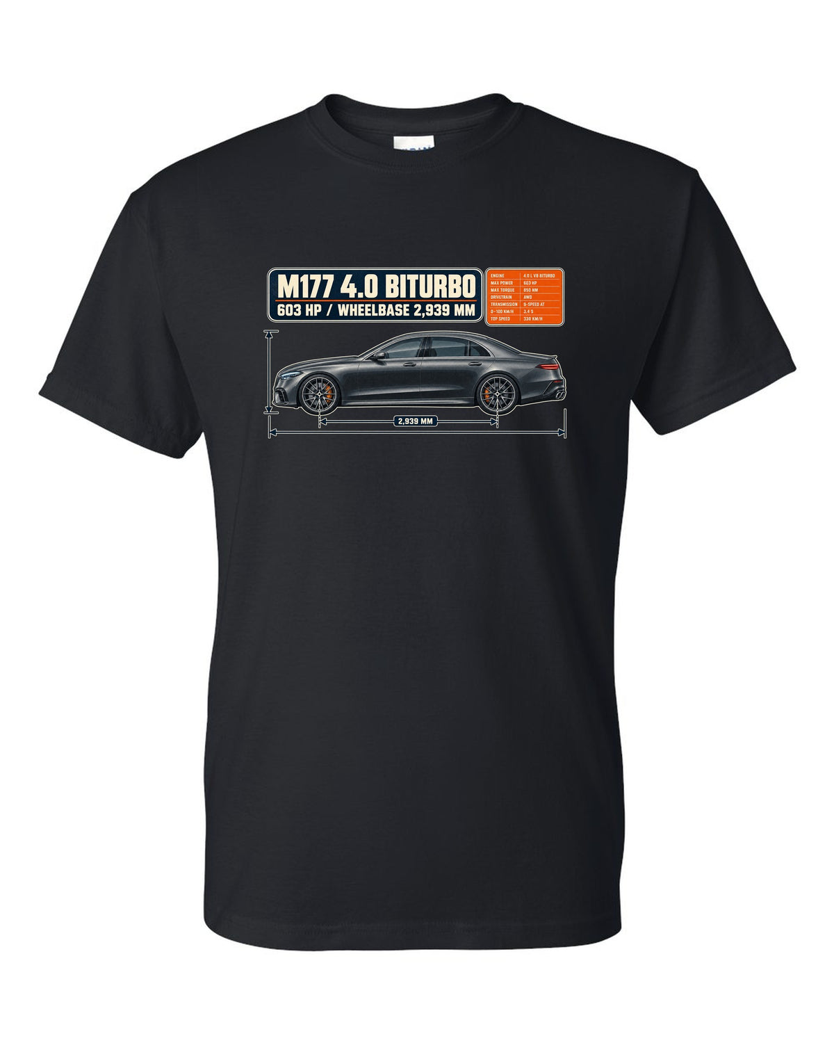Dimension blueprint print of a graphite grey Mercedes-AMG E63 S W213 sedan black t-shirt front view with the design