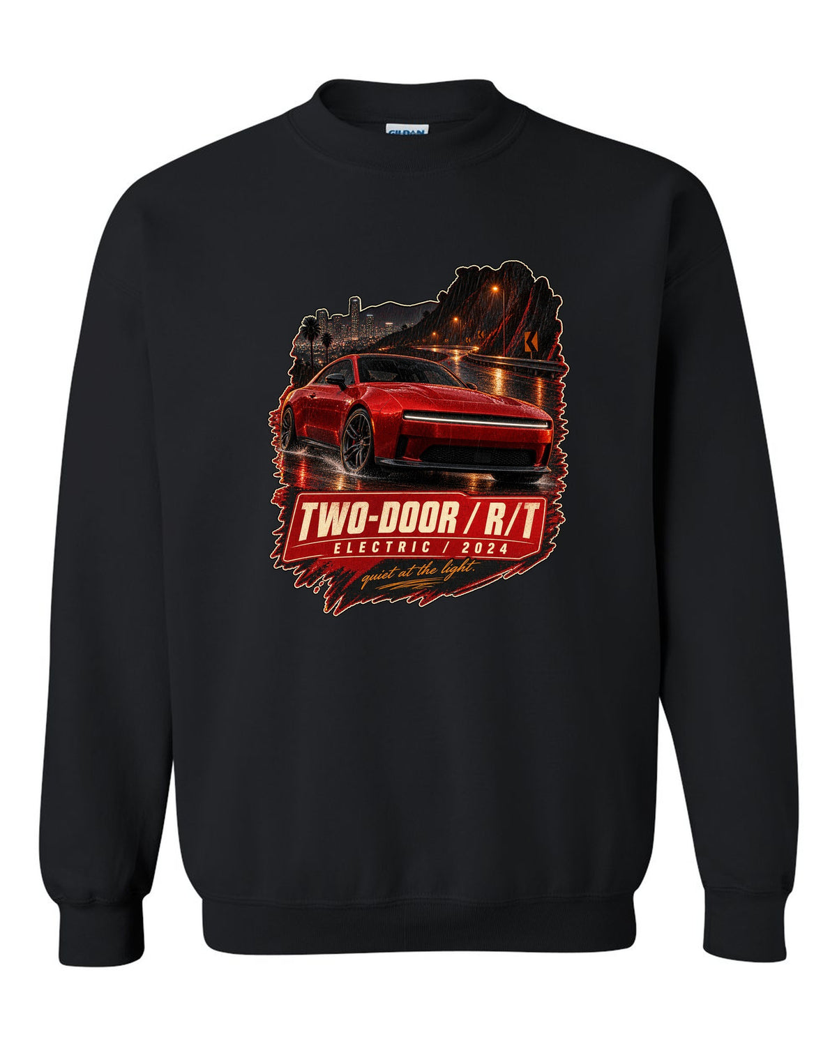 print of a 2024 Dodge Charger Daytona R/T on a night street black crewneck front view with the design