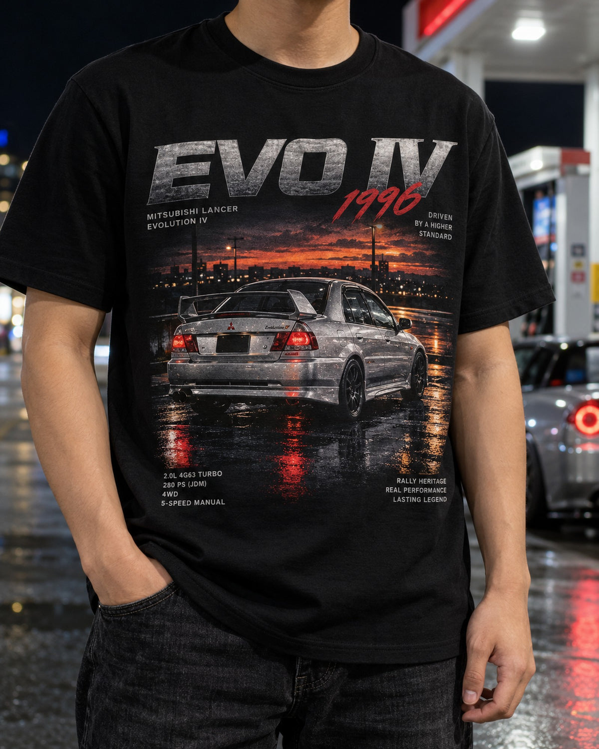 Mitsubishi Lancer Evo IV CN9A Active Yaw Control Editorial Tee T-Shirt Black worn hero