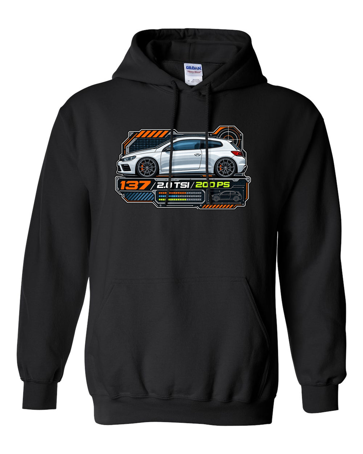 Spec-sheet data plate print of a VW Scirocco Mk3 with 137 2.0 TSI 200 PS text black pull over hoodie front view with the design