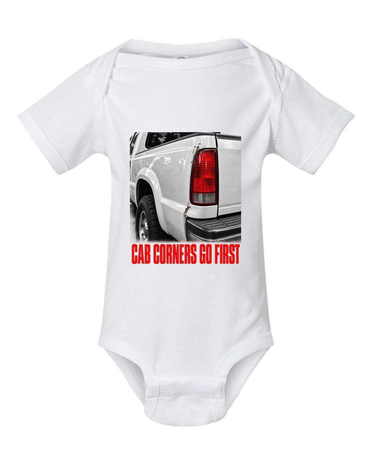 NBS Silverado taillight detail with cab corner rust, print white baby onesie front view with the design
