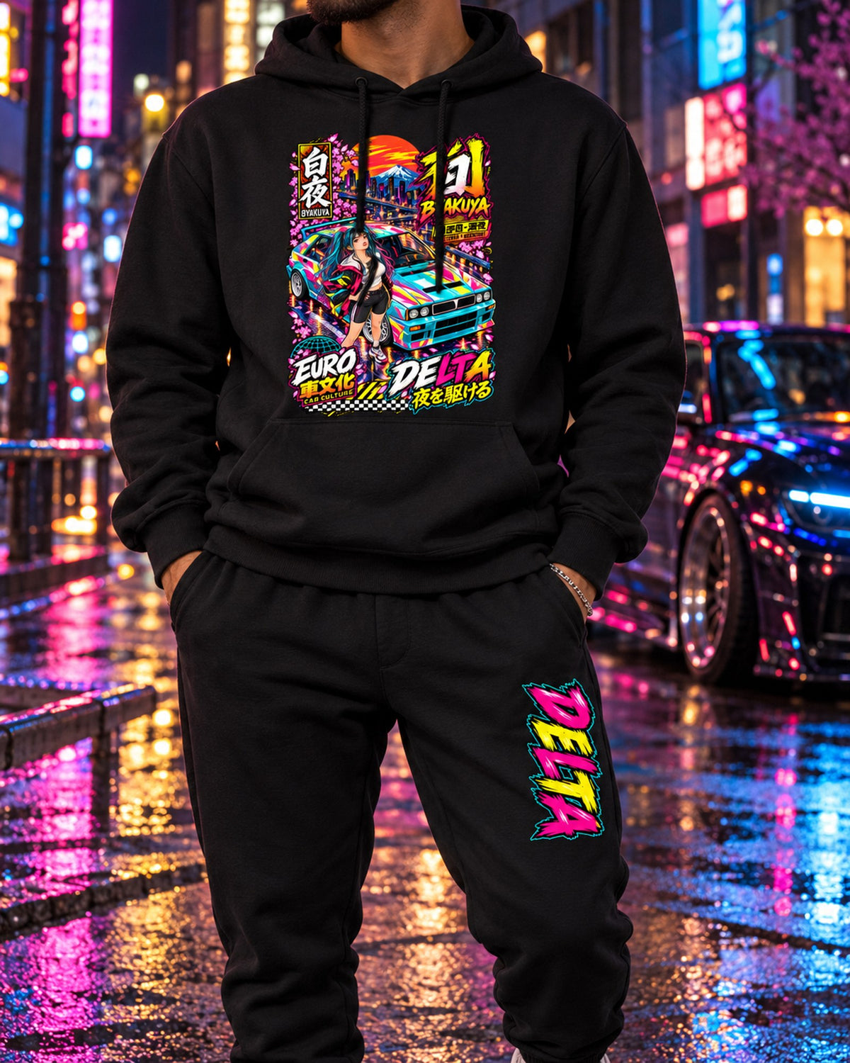 Delta Byakuya Anime Girl Poster Hoodie + Jogger Set Black worn hero