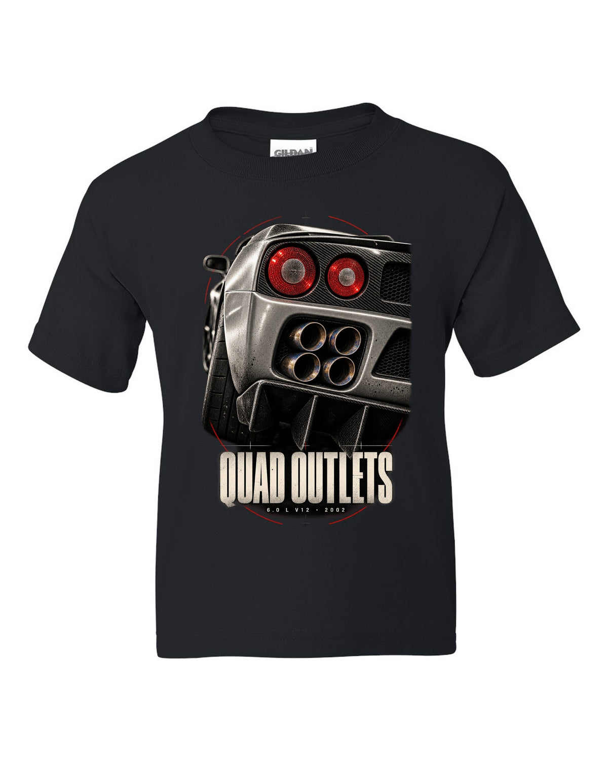 Ferrari Enzo 2002 rear detail macro print of four exhaust outlets, 6.0 L V12 black kids tee front view with the design