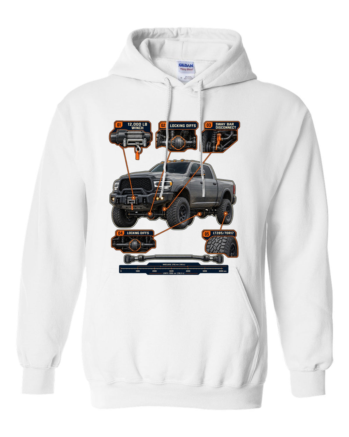 Ram 2500 Power Wagon callouts for winch, locking diffs and sway bar disconnect print white pull over hoodie front view with the design