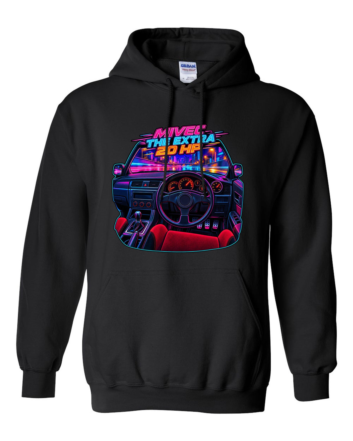 Neon cyberpunk gauge cluster cockpit of a Mitsubishi Lancer Evolution IX MR black pull over hoodie front view with the design