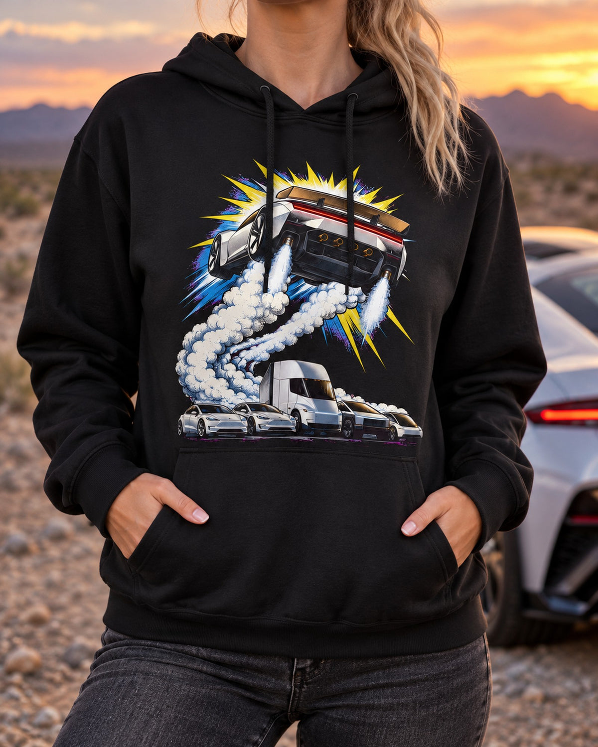 Tesla Roadster The Jump Shirt, Hoodie & More Pull Over Hoodie Black worn hero