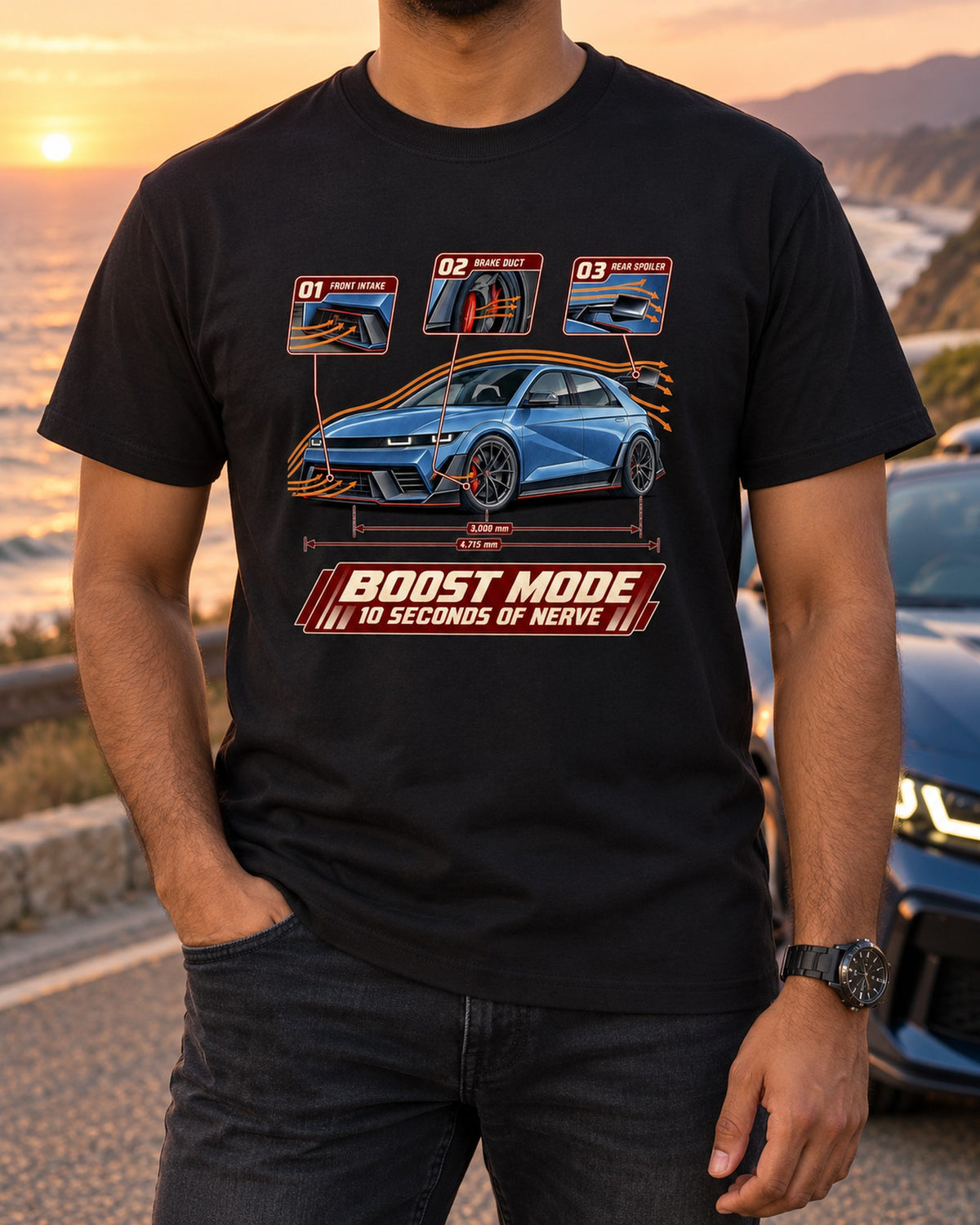 Ioniq 5 N Boost Mode Aero Callout Tee, Hyundai EV Fan T-Shirt Black worn hero