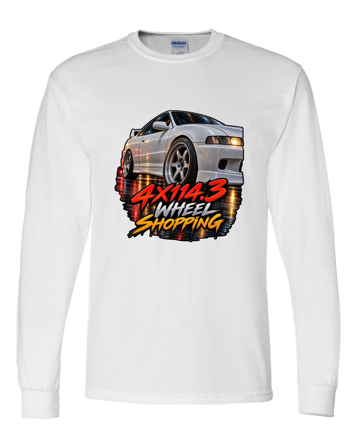 Cinematic macro painting print of a wet wheel on a 1995 Honda Integra DC2 coupe with 4x114.3 text white long sleeve front view with the design
