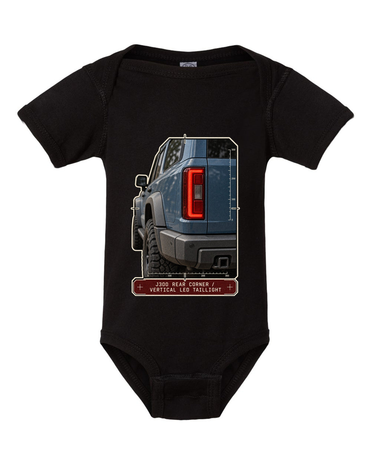 Close-up of Toyota Land Cruiser 300 J300 vertical LED taillight black baby onesie front view with the design