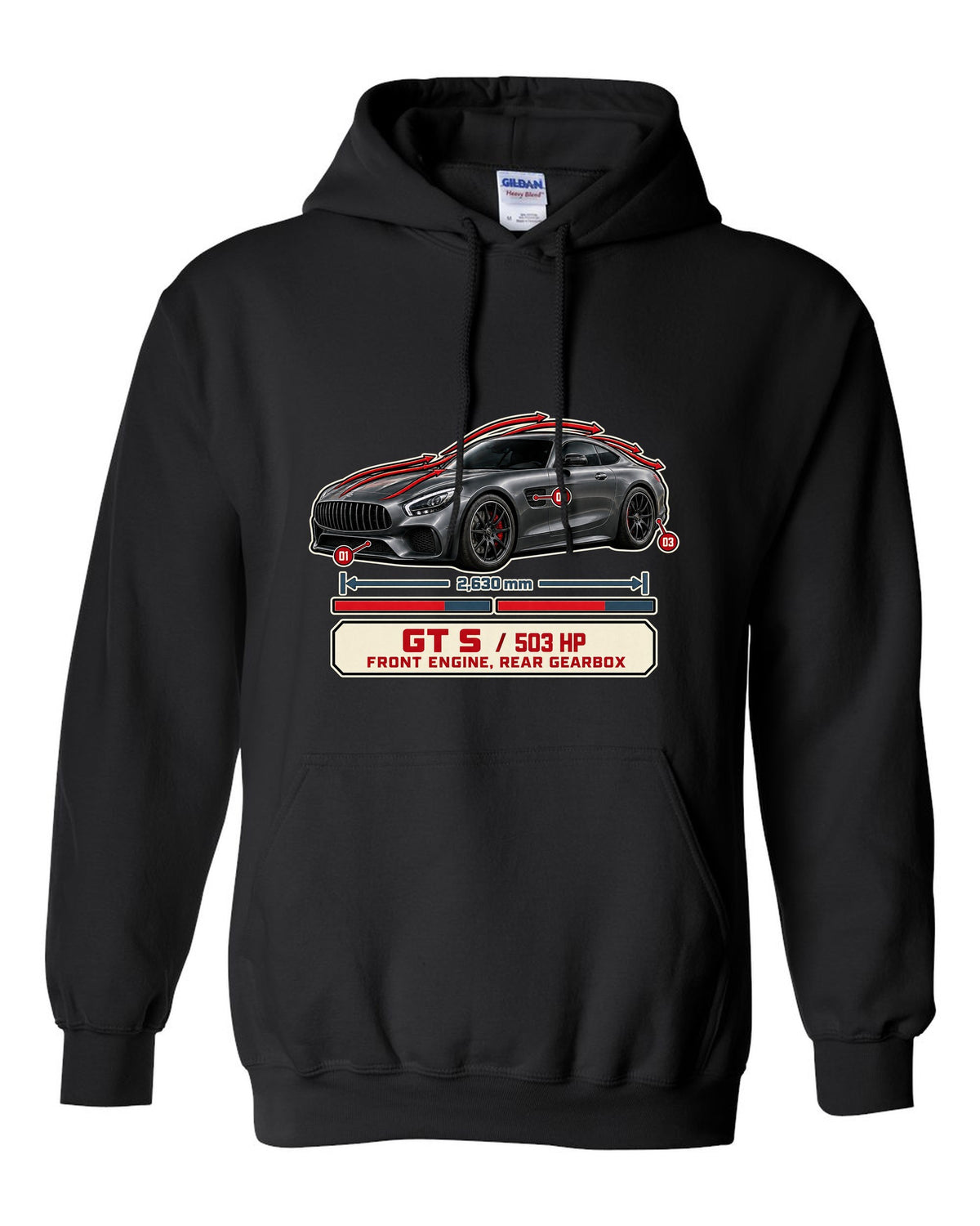 Mercedes-AMG GT S C190 aero cutaway callouts print black pull over hoodie front view with the design