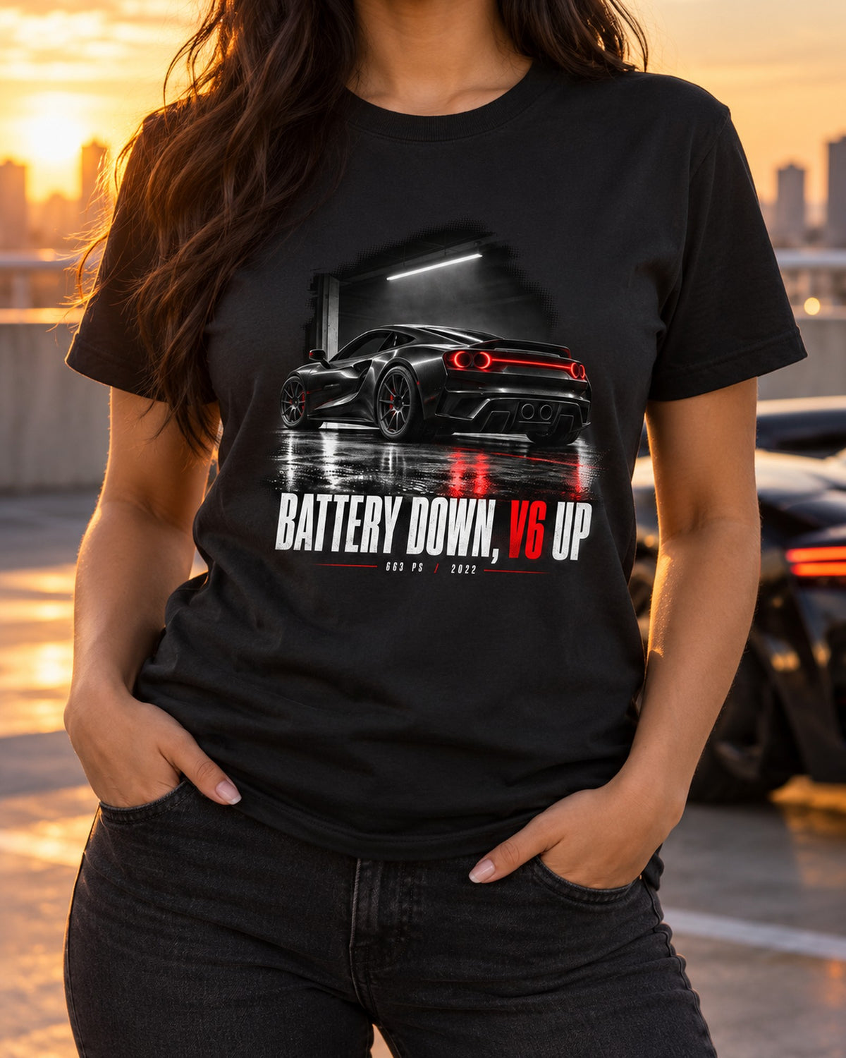 Ferrari 296 GTB Battery Down V6 Up Garage Night Tee T-Shirt Black worn hero