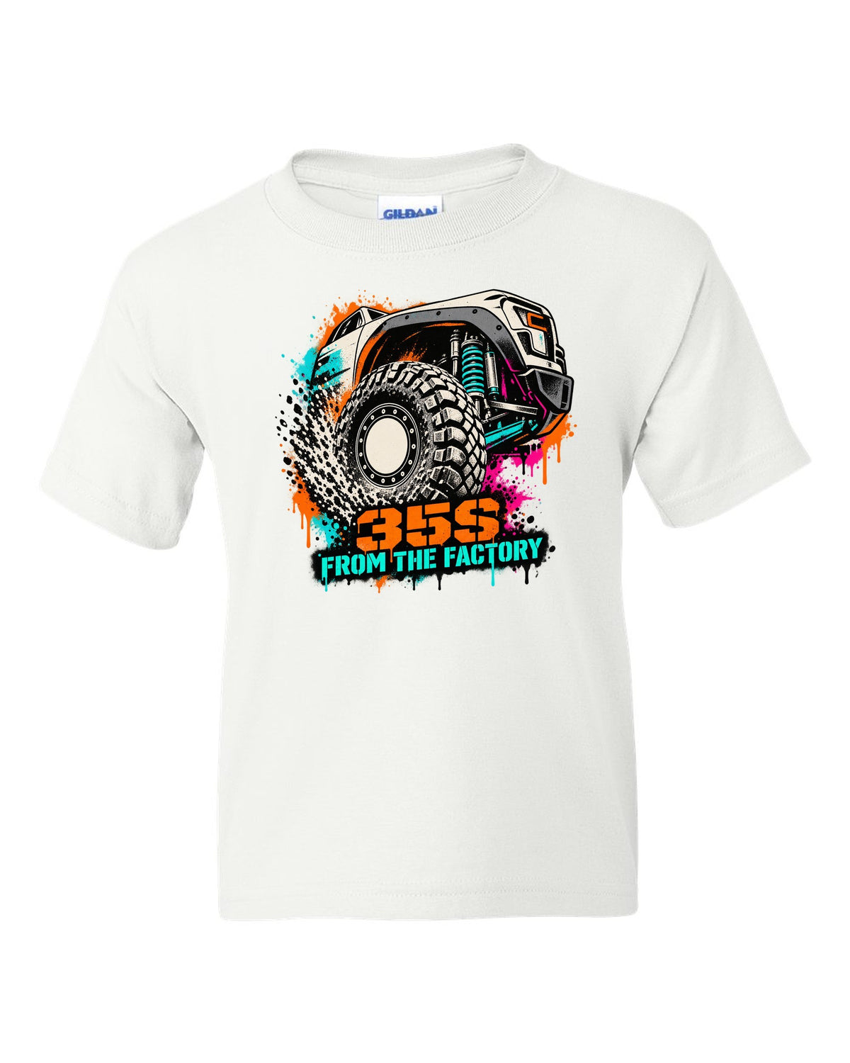 Stencil spray street art print of a Ram 1500 TRX wheel with 35S lettering white kids tee front view with the design
