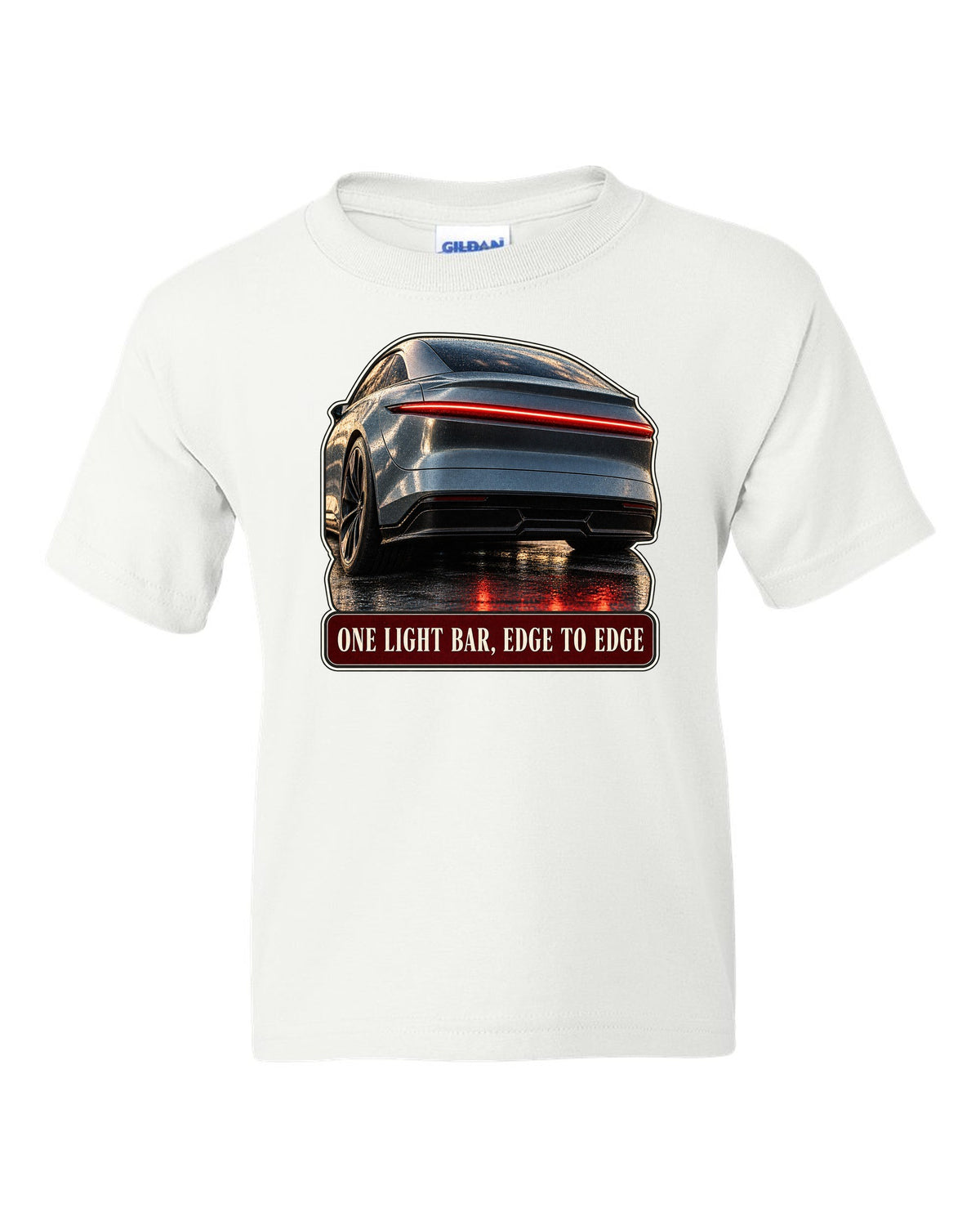 Taillight macro print of a Lucid Air Sapphire with a single light bar white kids tee front view with the design
