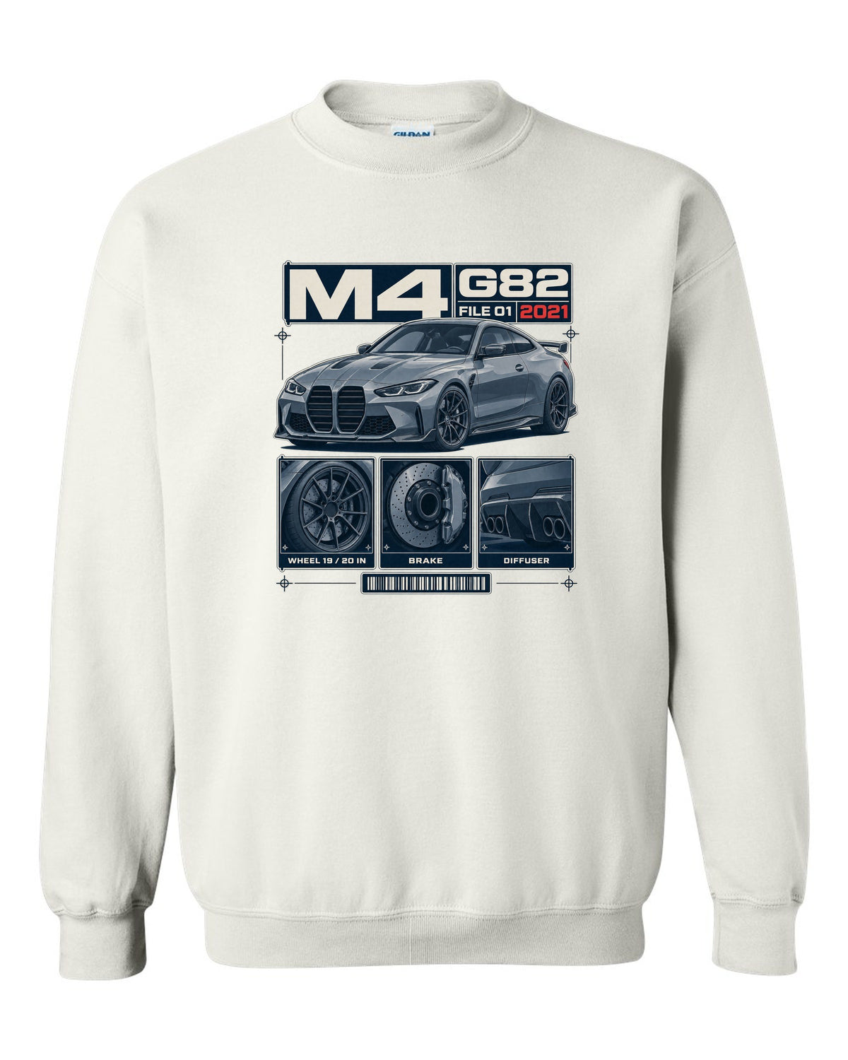 BMW M3 G80 dossier panels print with wheel, brake and diffuser details white crewneck front view with the design