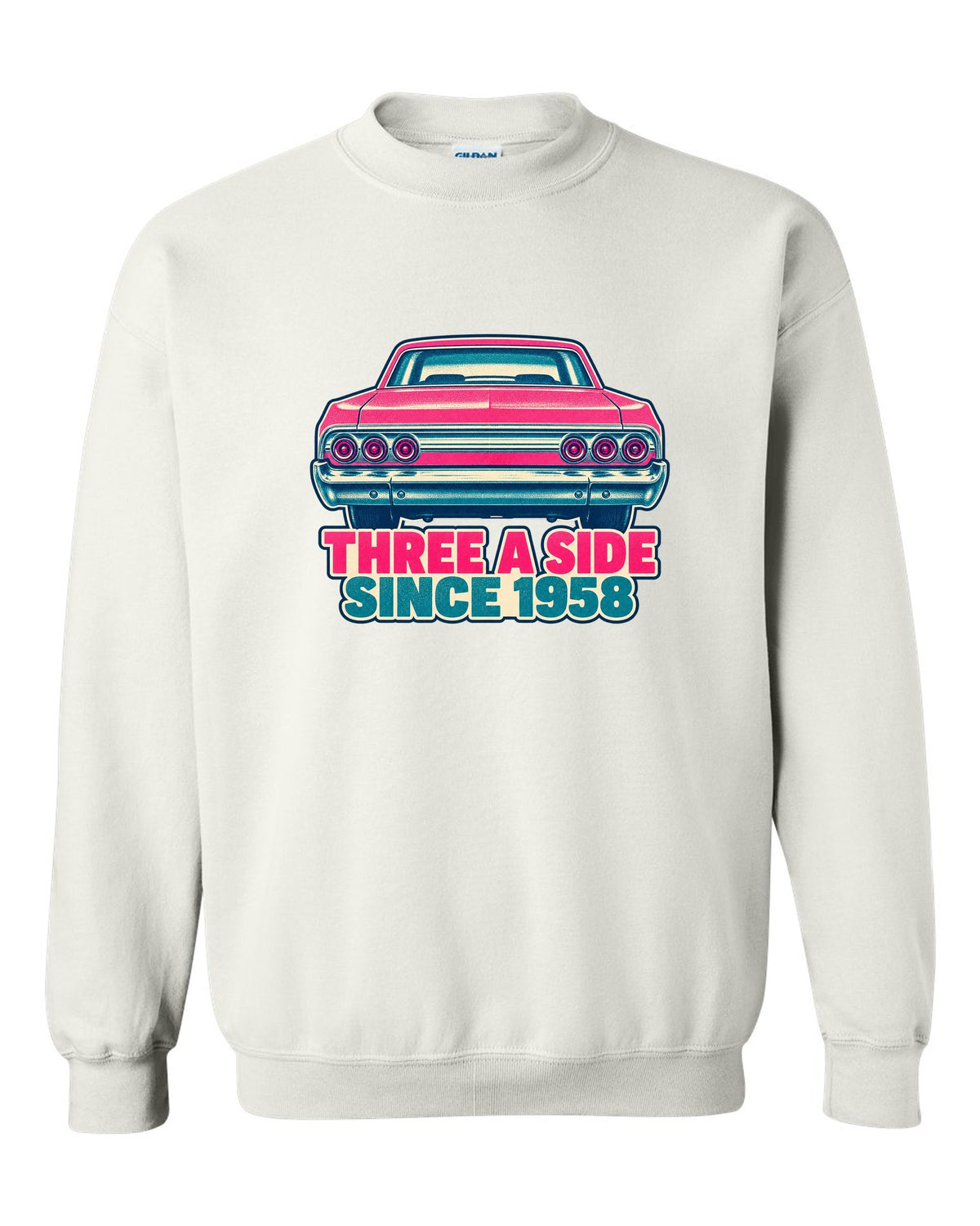 Two-colour risograph print of a 1964 Chevrolet Impala with its triple taillights white crewneck front view with the design