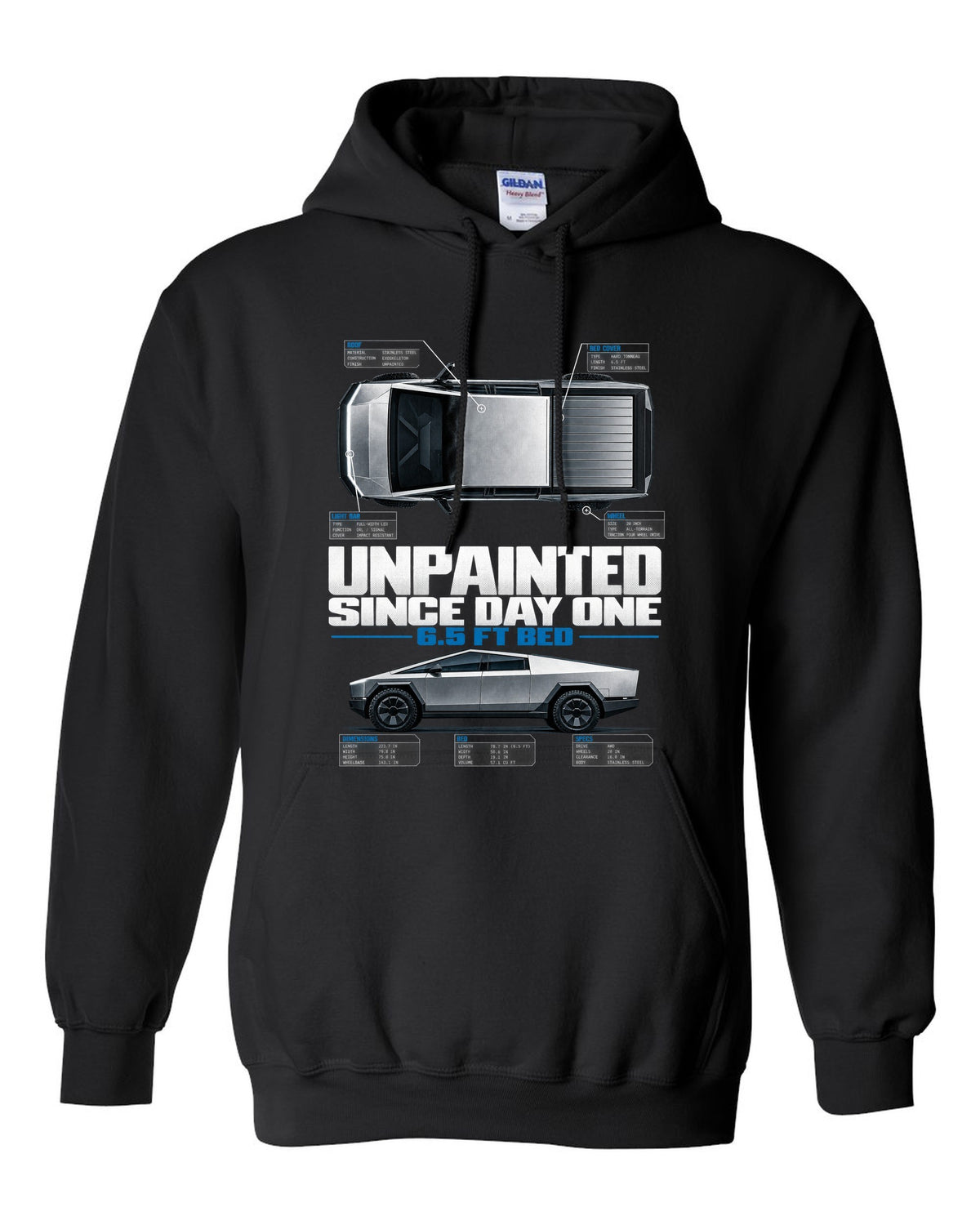 Tesla Cybertruck top-down and profile spec poster with unpainted since day one text black pull over hoodie front view with the design