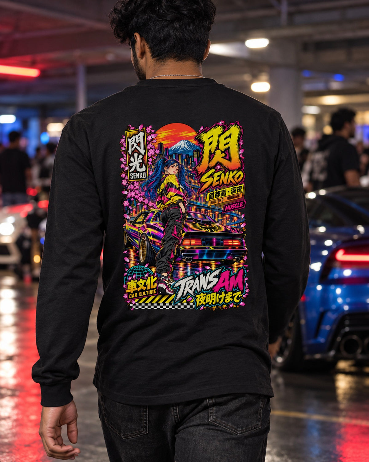 SENKO TRANS AM Anime Girl Full-Back Graphic Tee Long Sleeve Black worn hero