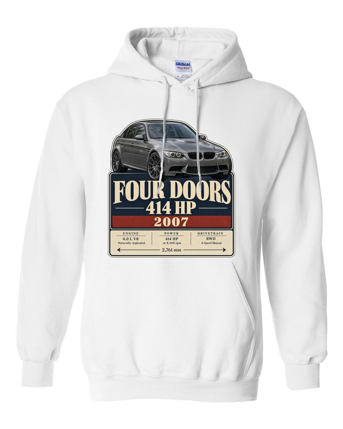 BMW M3 E90 saloon archive panel print white pull over hoodie front view with the design