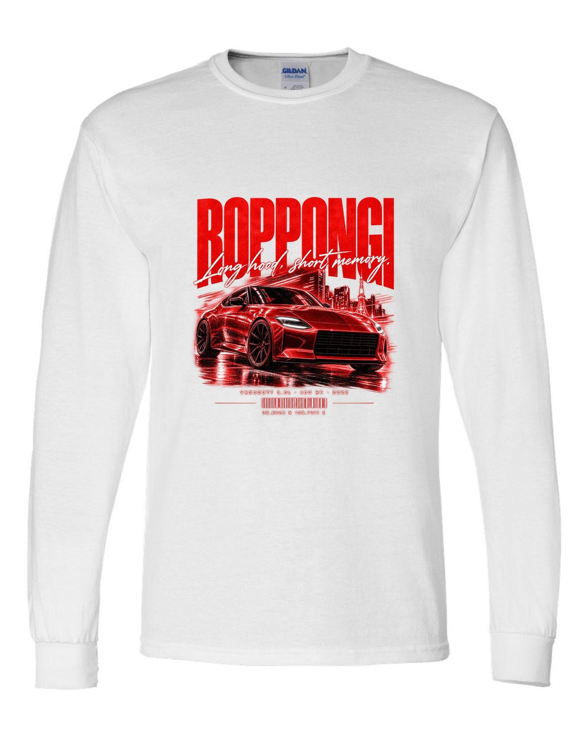 Street poster print of a Nissan Z RZ34 with Roppongi coordinates and VR30DDTT text white long sleeve front view with the design