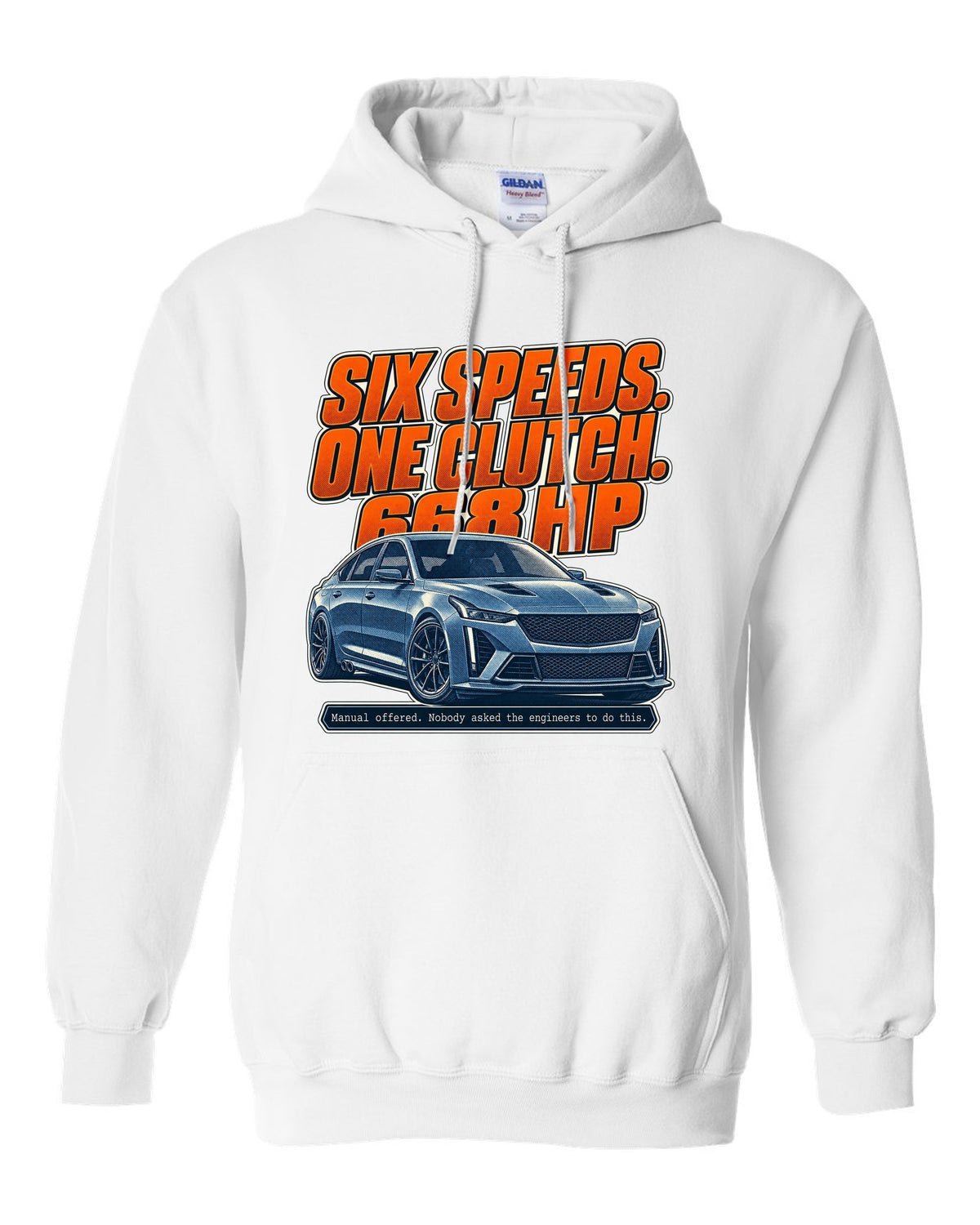 Halftone print of a Cadillac CT5-V Blackwing with six-speed manual text white pull over hoodie front view with the design