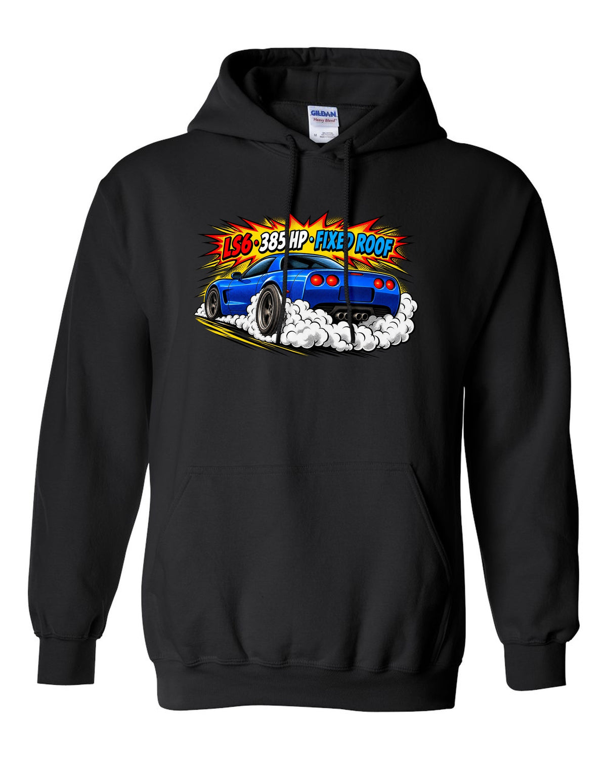 Comic halftone pop-art print of a 2001 Chevrolet Corvette C5 Z06 with LS6 385 HP Fixed Roof text black pull over hoodie front view with the design