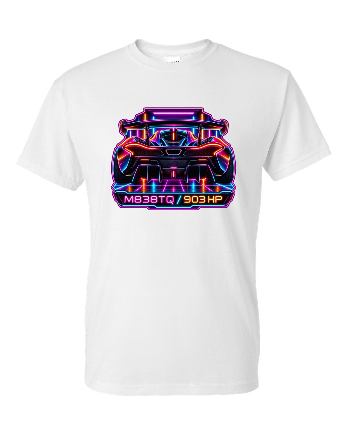 Synthwave neon print of the McLaren P1 with M838TQ and 903 HP lettering white t-shirt front view with the design