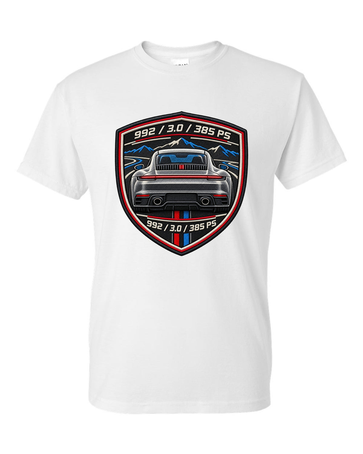 Round crest print of a Porsche 911 992 with the text 992, 3.0 and 385 PS white t-shirt front view with the design