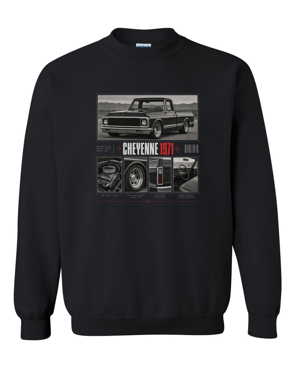 Dossier panel print of a 1971 Chevrolet C10 Cheyenne with 350 small block text black crewneck front view with the design