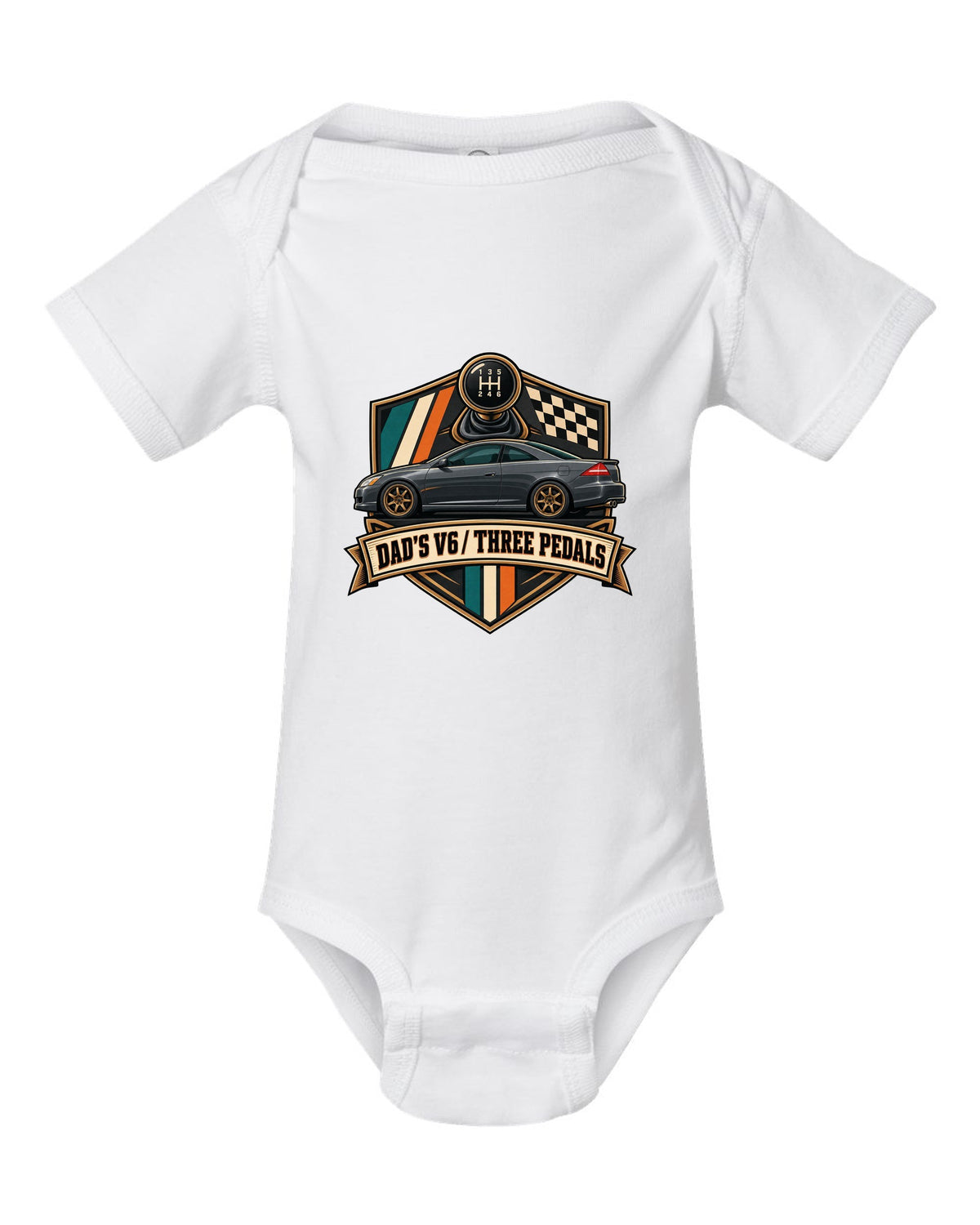 Crest layout print for the Honda Accord V6 Coupe with three pedals text white baby onesie front view with the design