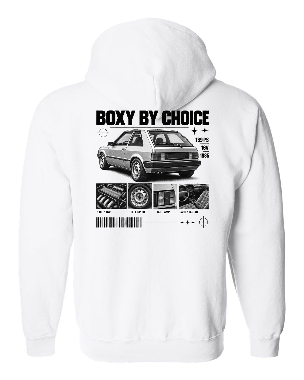 VW Golf Mk2 GTI 16V 1985 rear three-quarter in dossier panels with 139 PS text white zip hoodie back view with the design