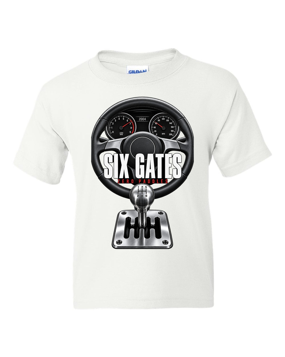 Cockpit print of a Lamborghini Gallardo with gated six-speed shifter and Six Gates text white kids tee front view with the design
