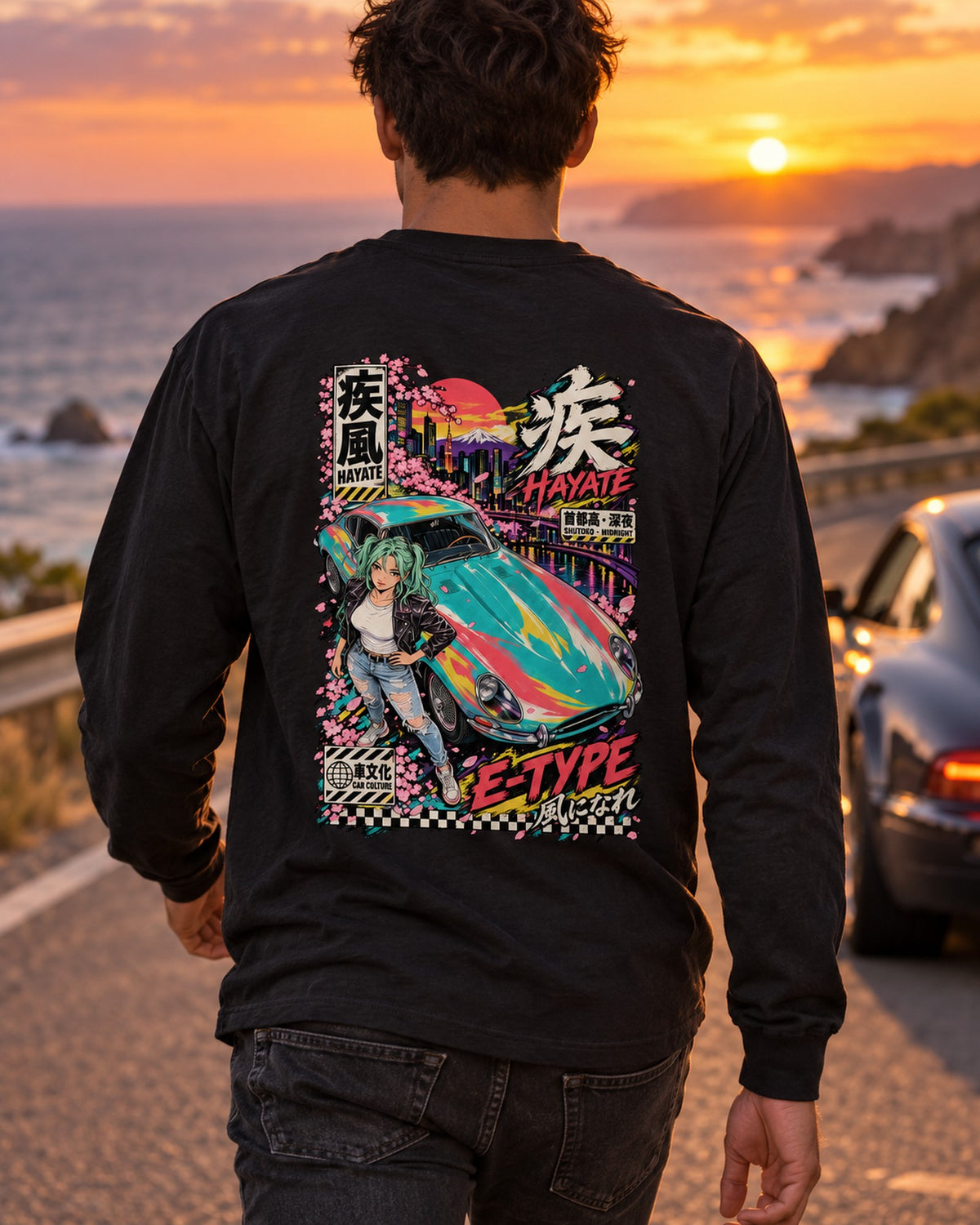 HAYATE E-TYPE Anime Girl Full-Back Graphic Tee Long Sleeve Black worn hero