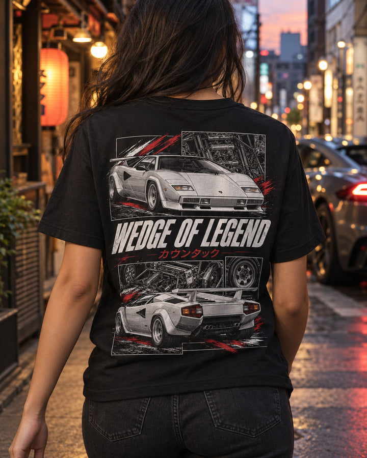 Lamborghini Countach Torn Poster Full-Back Graphic Tee T-Shirt Black worn hero