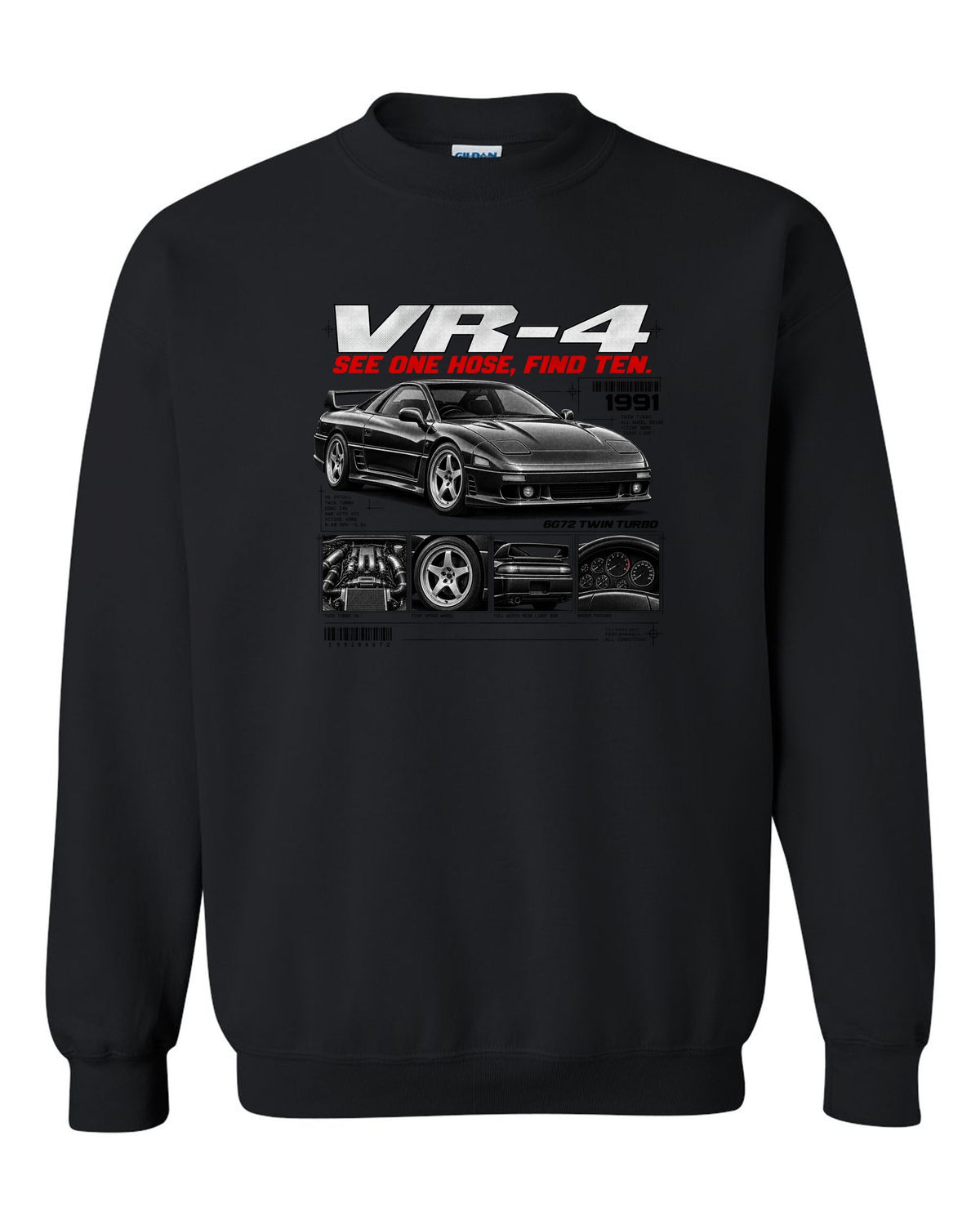 Mitsubishi 3000GT VR-4 Z16A dossier panel print with 6G72 twin turbo text black crewneck front view with the design