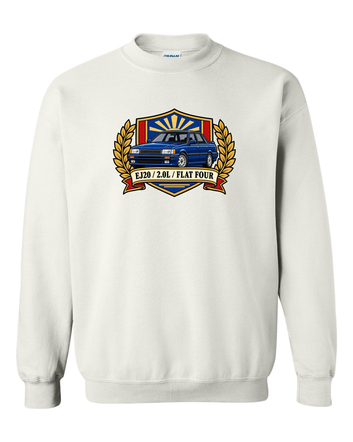 Shield crest design for a Subaru Legacy BC5 RS with EJ20 2.0L flat four text white crewneck front view with the design
