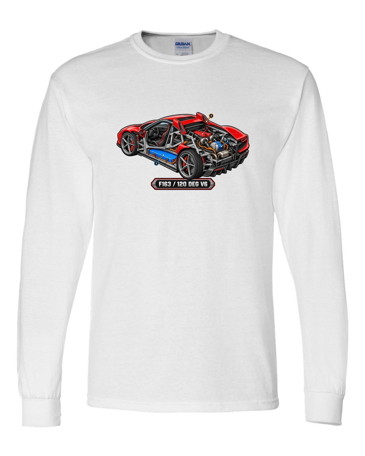 Isometric cutaway diorama of the Ferrari 296 GTB hybrid V6 engine white long sleeve front view with the design